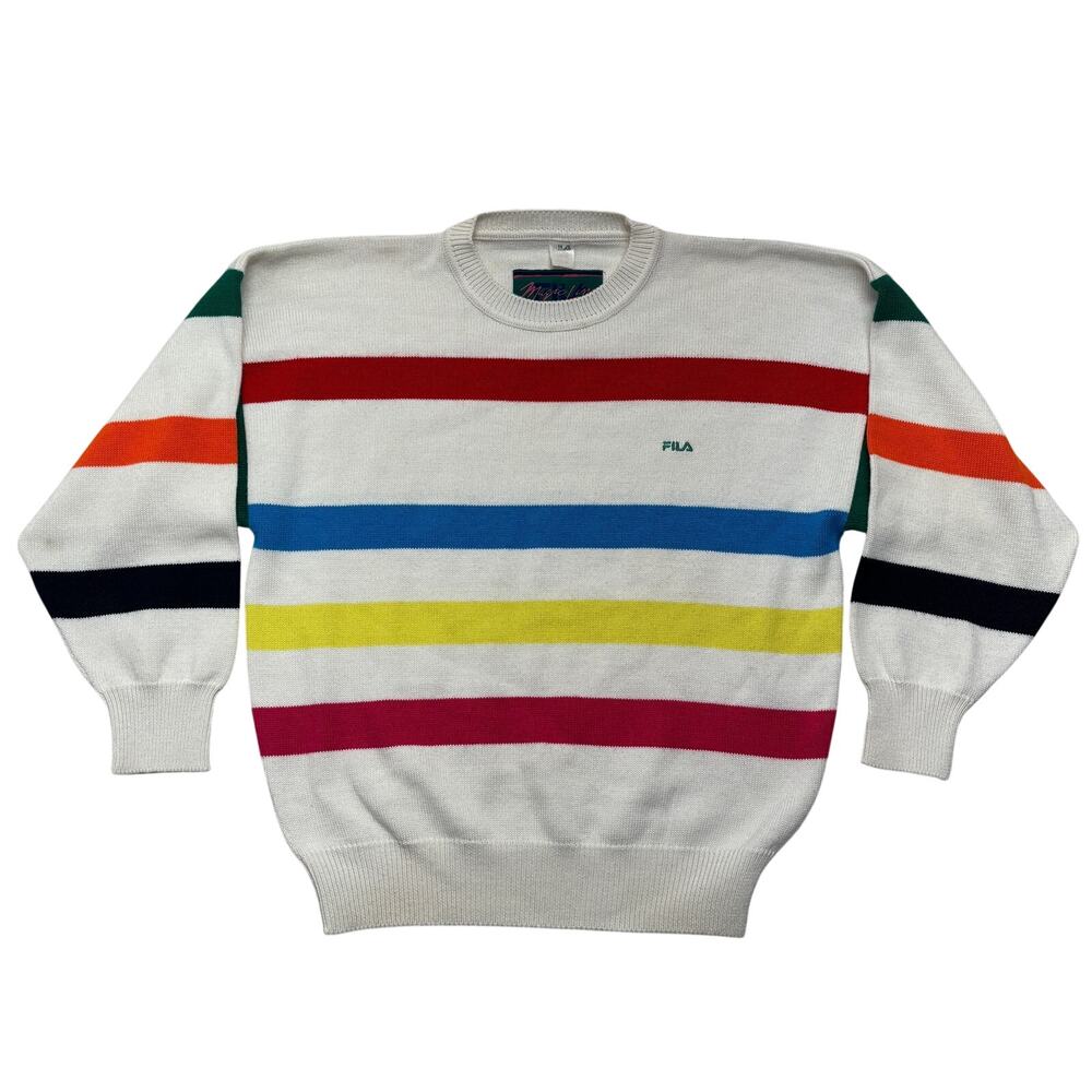 Vintage FILA Sweater Mens Large White Striped Wool Blend Magic Line Italy 90s